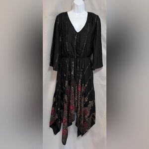 Lapagee XL black print 3/4 sleeve handkerchief hem dress women New